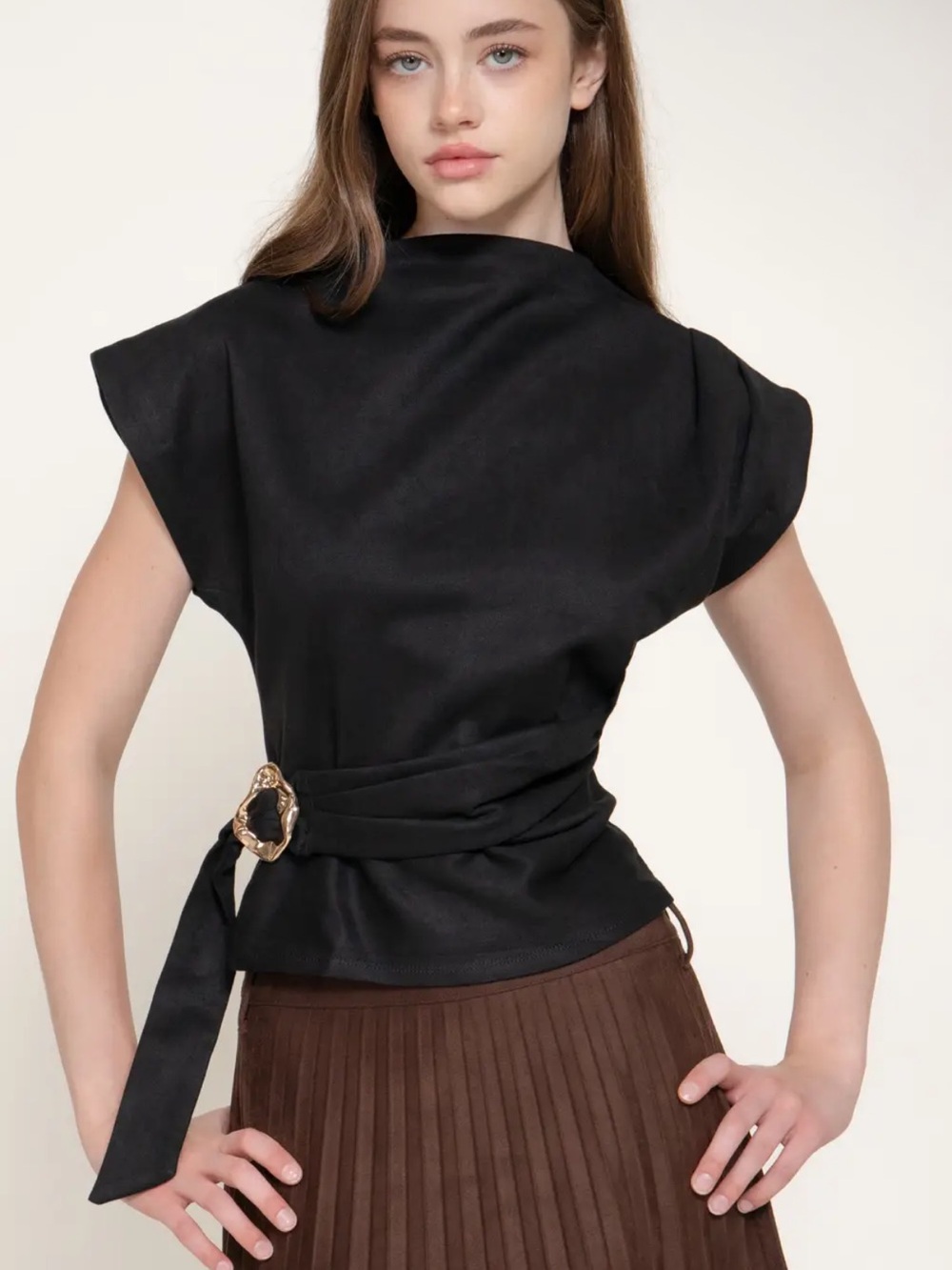 A570 Black Wrapped Faux Suede Belted Top - Women